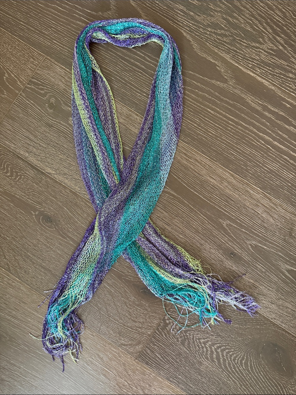 Lightweight Multicolor Knit Scarf - Teal, Purple & Lime 30”x48”